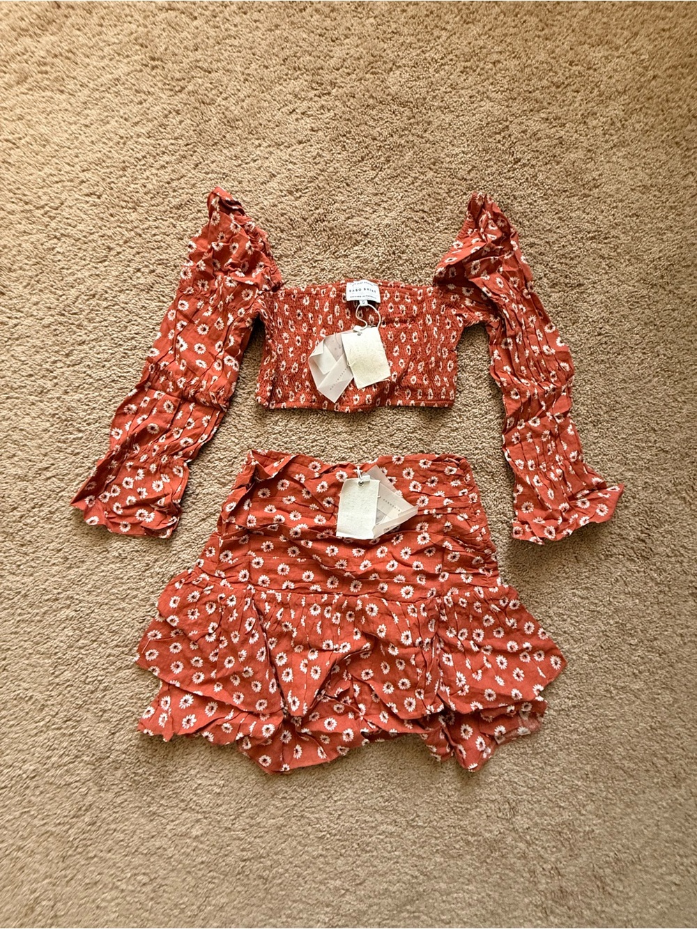 Sabo Skirt Rust Floral Smocked Top and Skirt Set